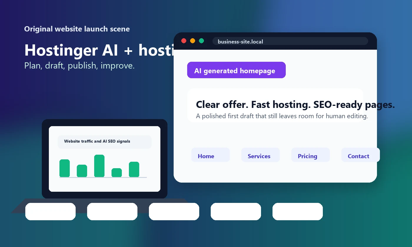 Original Hostinger AI website launch visual for small business hosting
